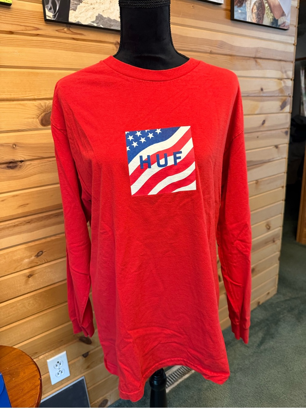 HUF Red Long Sleeve Tee with American Flag Box Logo - Blue/White Accent